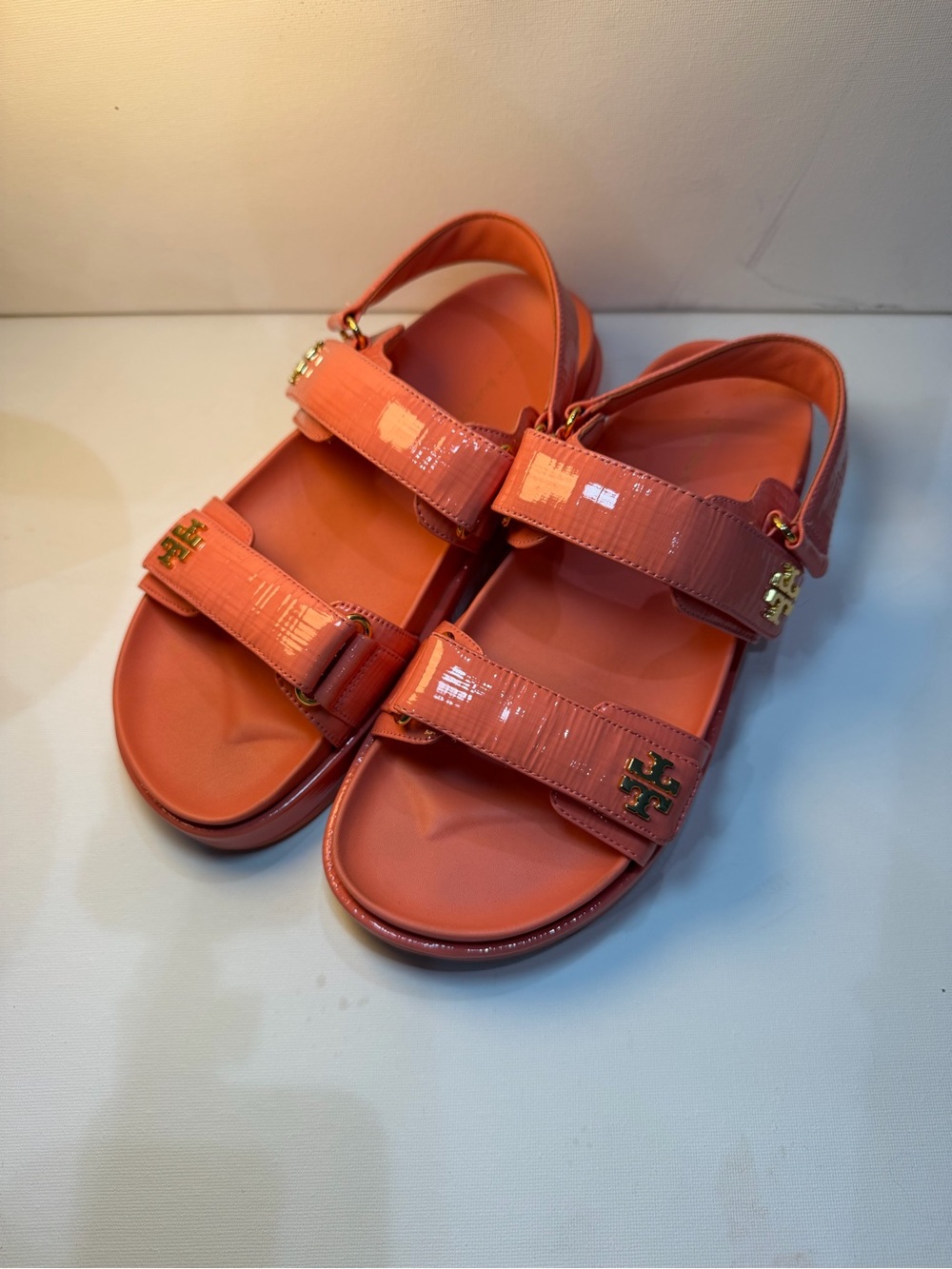 Tory Burch Coral Patent Strap Sandals with Gold Logo Hardware